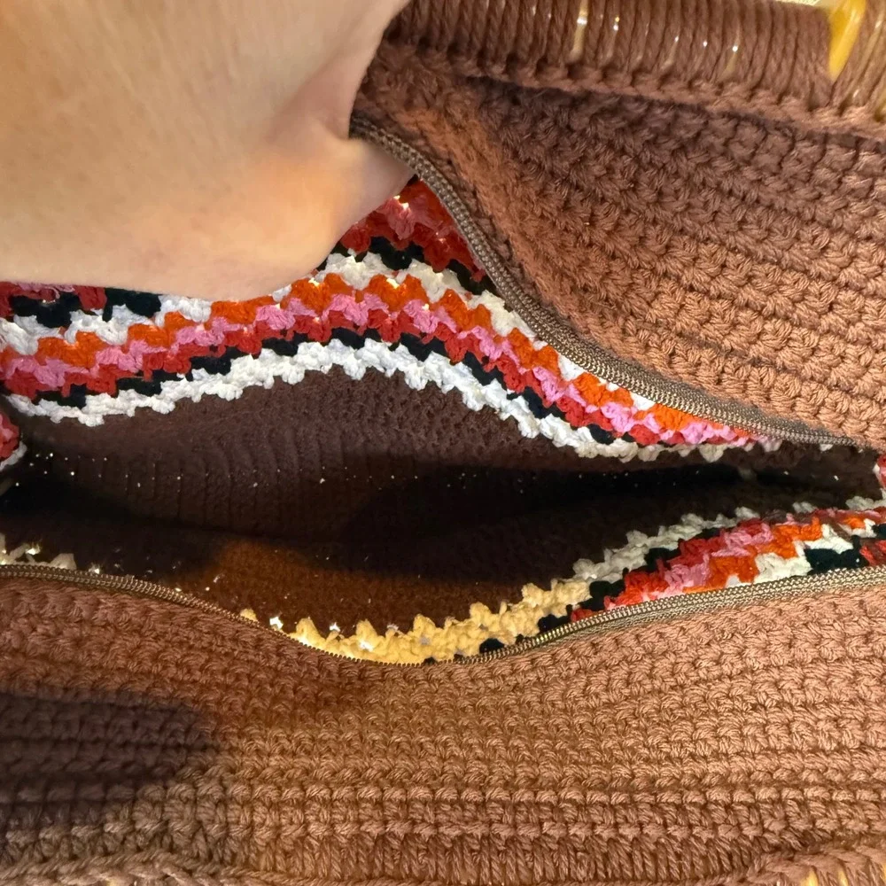 Vintage Handmade Crochet Handbag‎ Boho Hippie Purse Plastic Handles Retro